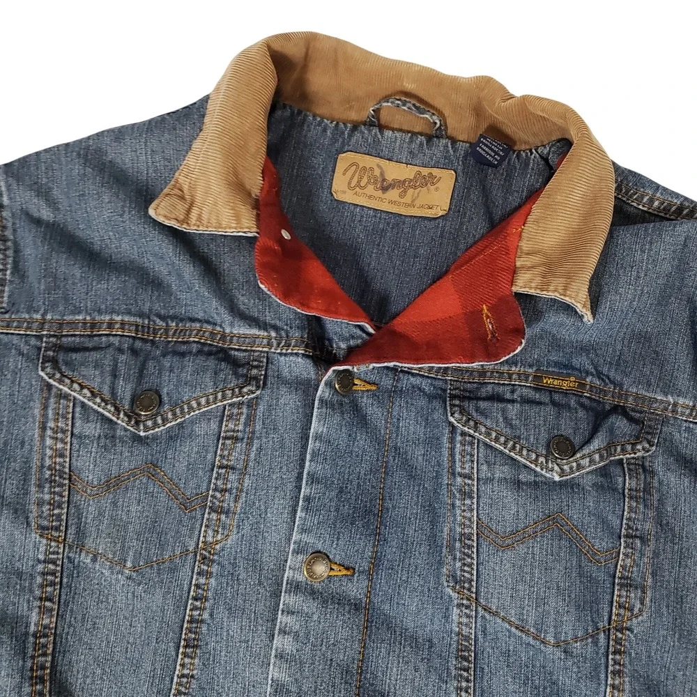 Wrangler Authentic Western Jacket Blue Denim Flannel Lined Corduroy Collar L